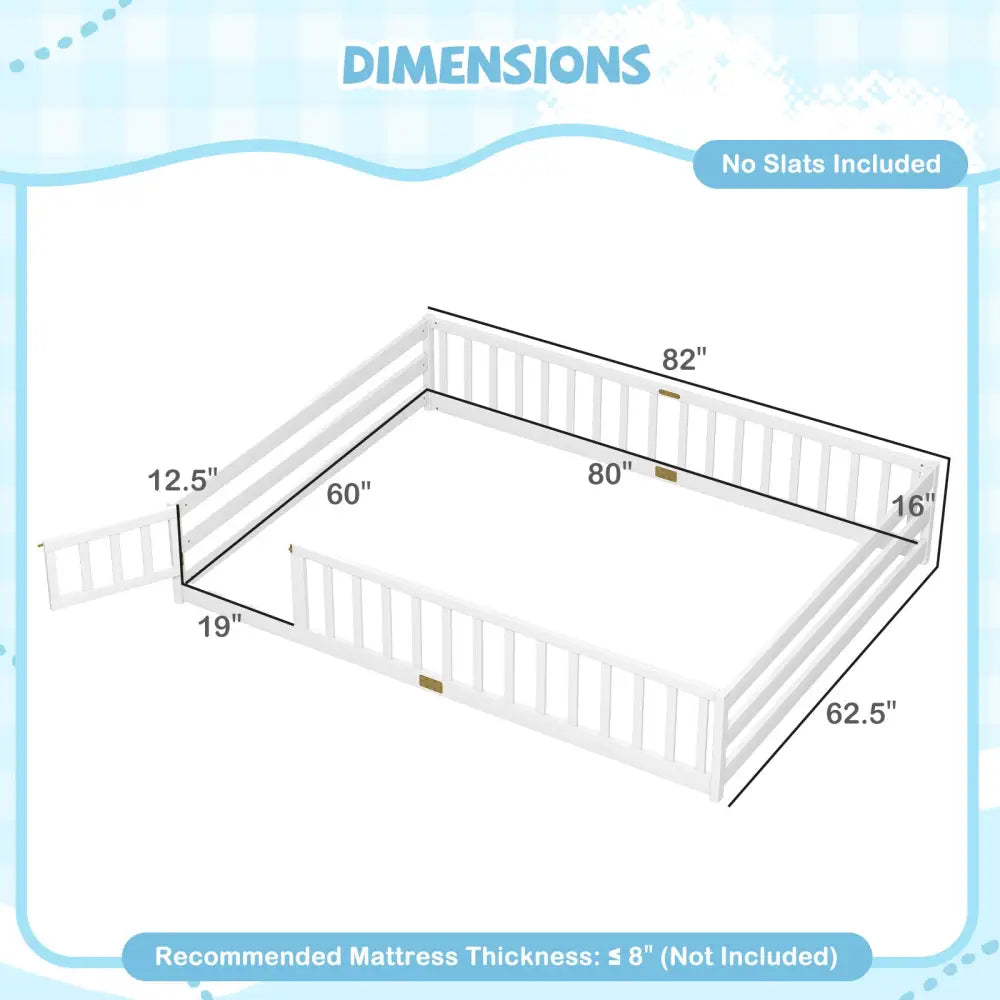 Queen Size Floor Bed Kids Montessori Bed Frame with Full Length Safety Guardrails-White - White - Simple Bed Frame