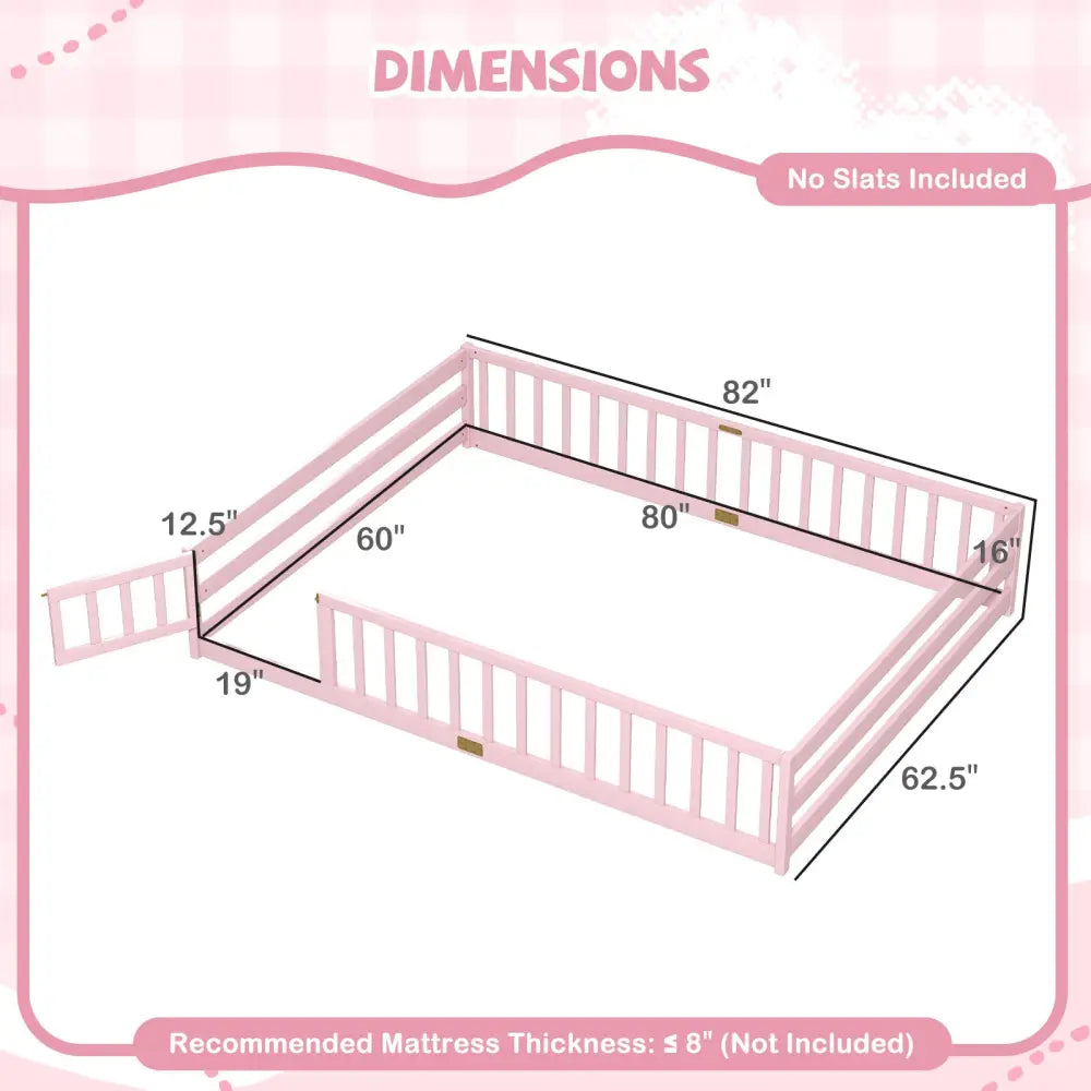 Queen Size Floor Bed Kids Montessori Bed Frame with Full Length Safety Guardrails-Pink - Pink - Simple Bed Frame