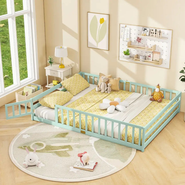 Queen Size Floor Bed Kids Montessori Bed Frame with Full Length Safety Guardrails-Green - Green - Simple Bed Frame