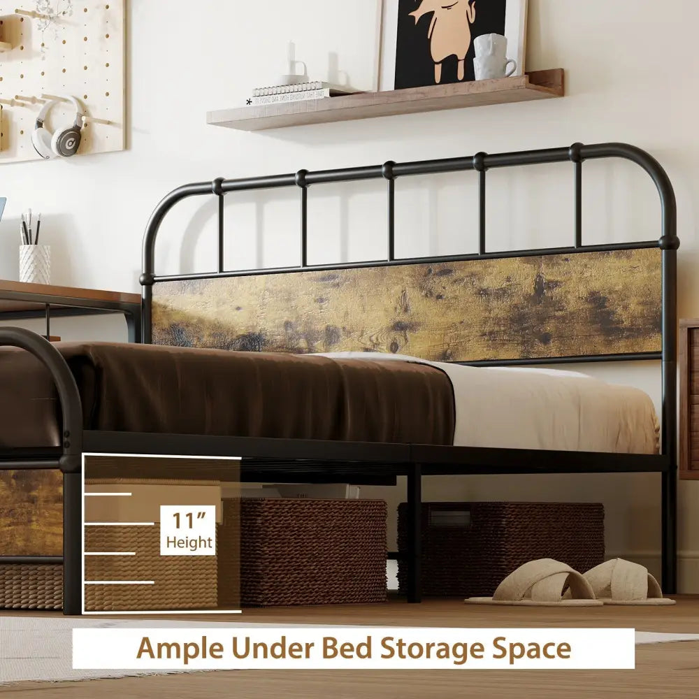 Queen Size Industrial Metal Platform Bed Frame Headboard Mattress Foundation-Queen Size - Black - Simple Bed Frame