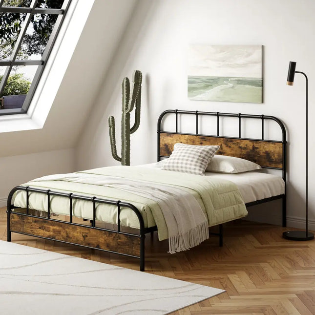 Queen Size Industrial Metal Platform Bed Frame Headboard Mattress Foundation-Queen Size - Black - Simple Bed Frame