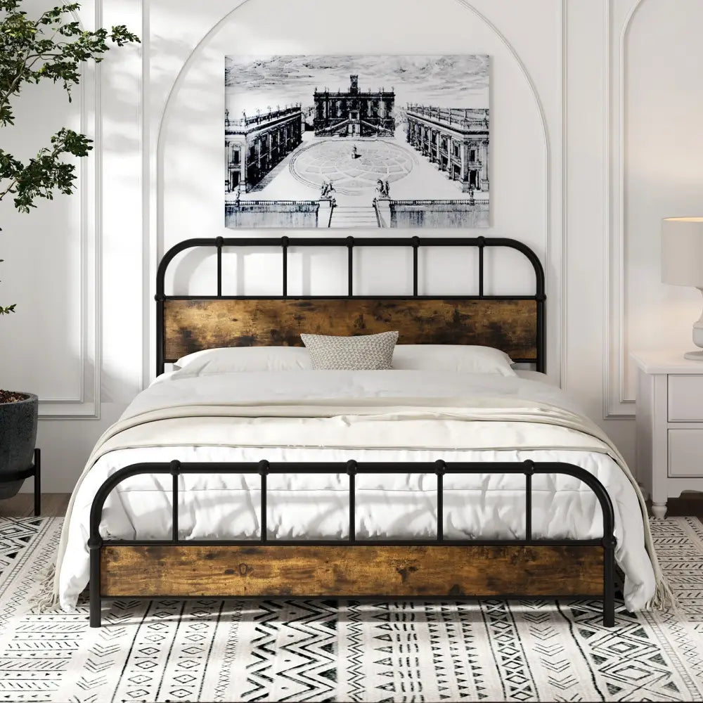 Queen Size Industrial Metal Platform Bed Frame Headboard Mattress Foundation-Queen Size - Black - Simple Bed Frame