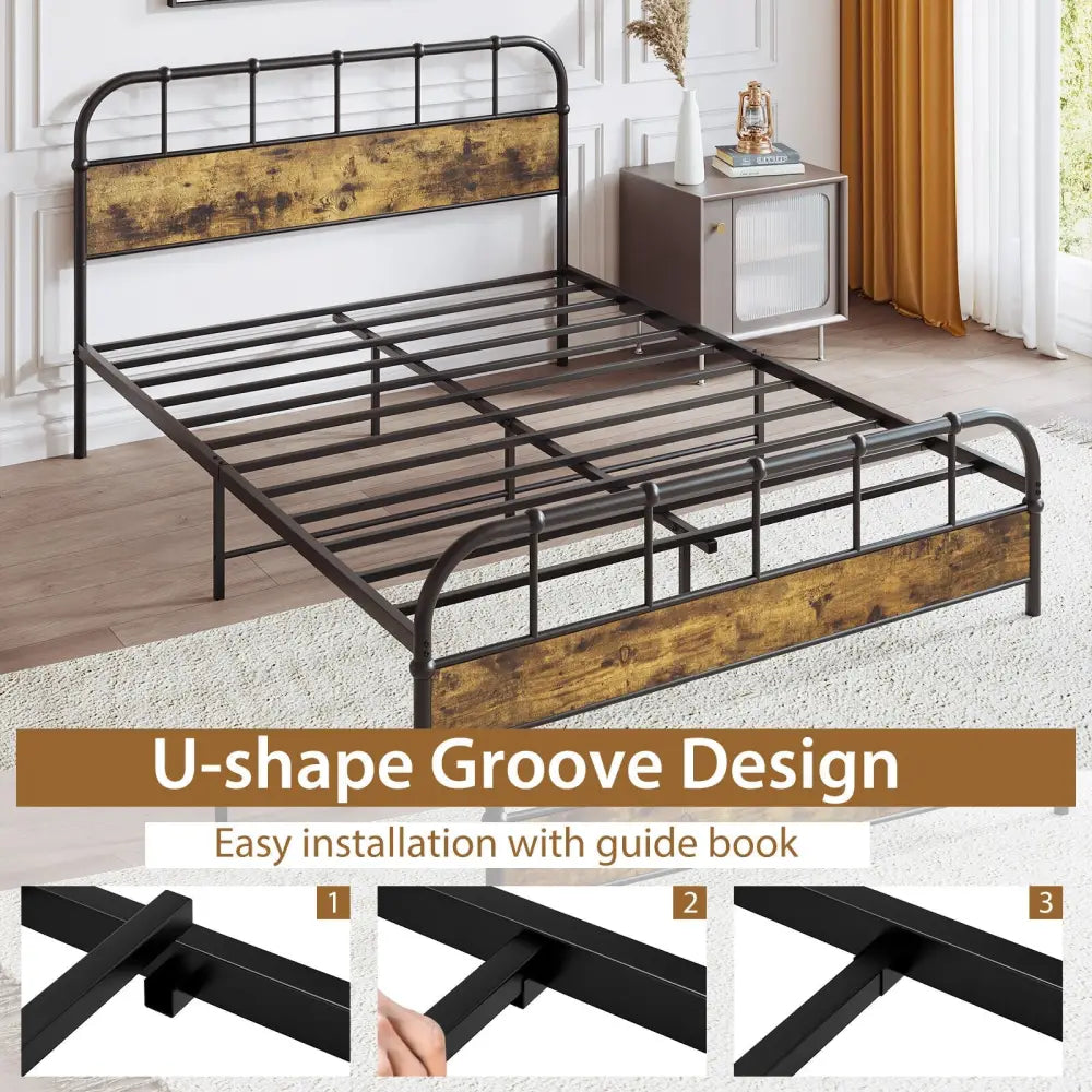 Queen Size Industrial Metal Platform Bed Frame Headboard Mattress Foundation-Queen Size - Black - Simple Bed Frame