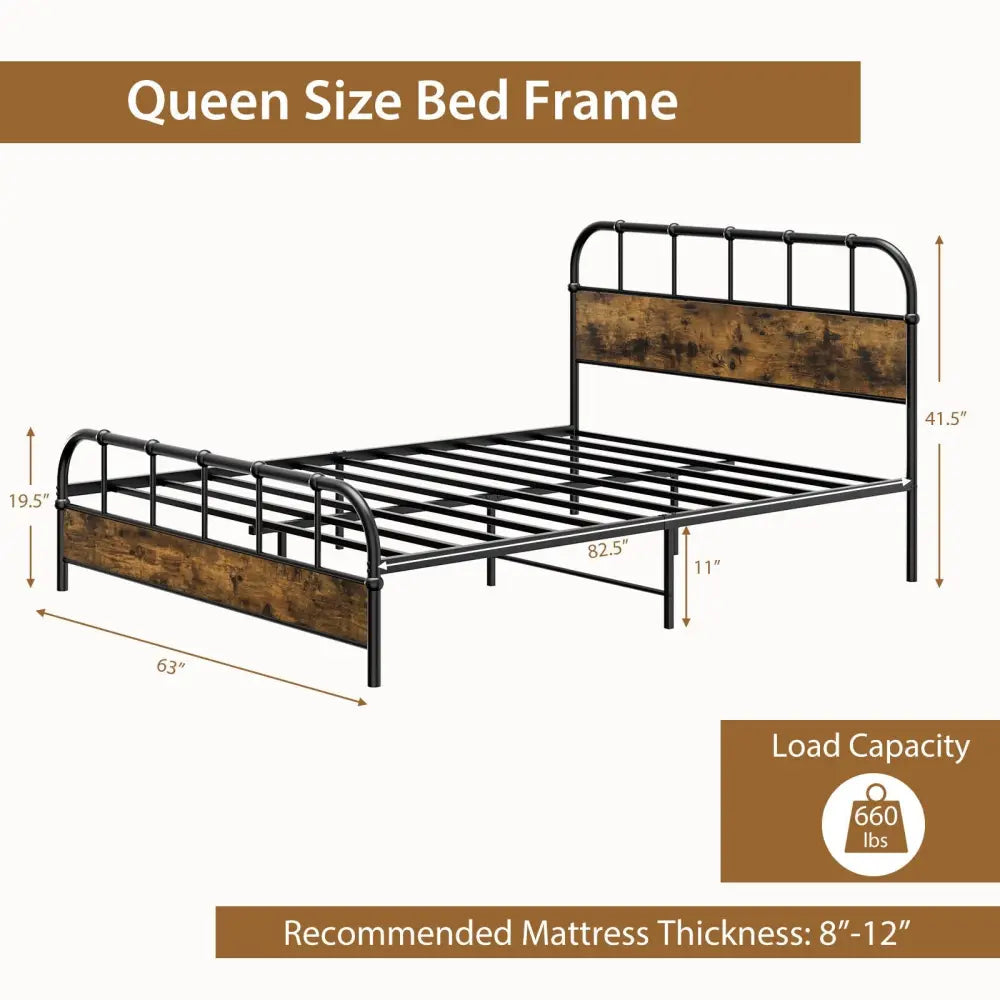 Queen Size Industrial Metal Platform Bed Frame Headboard Mattress Foundation-Queen Size - Black - Simple Bed Frame