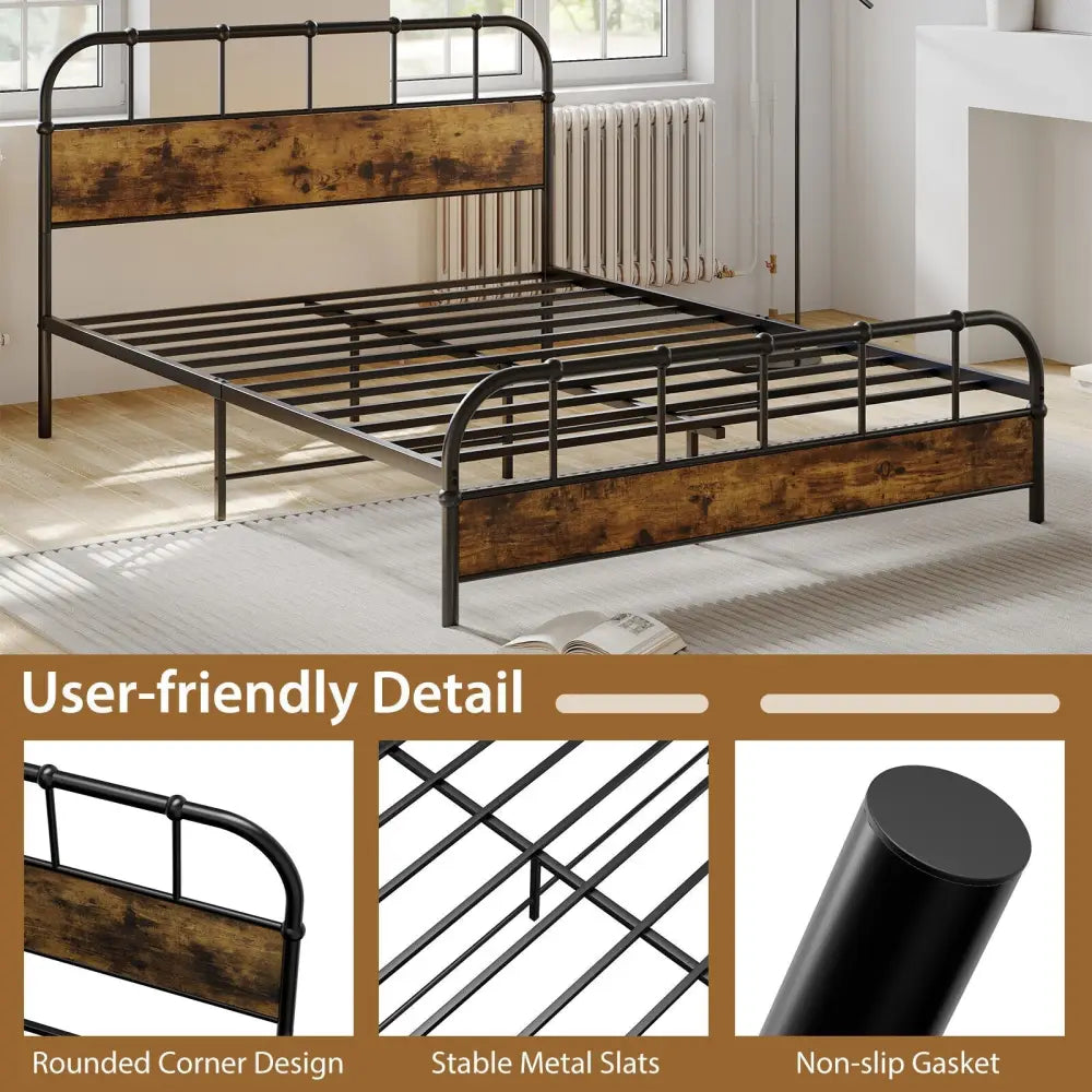 Queen Size Industrial Metal Platform Bed Frame Headboard Mattress Foundation-Queen Size - Black - Simple Bed Frame