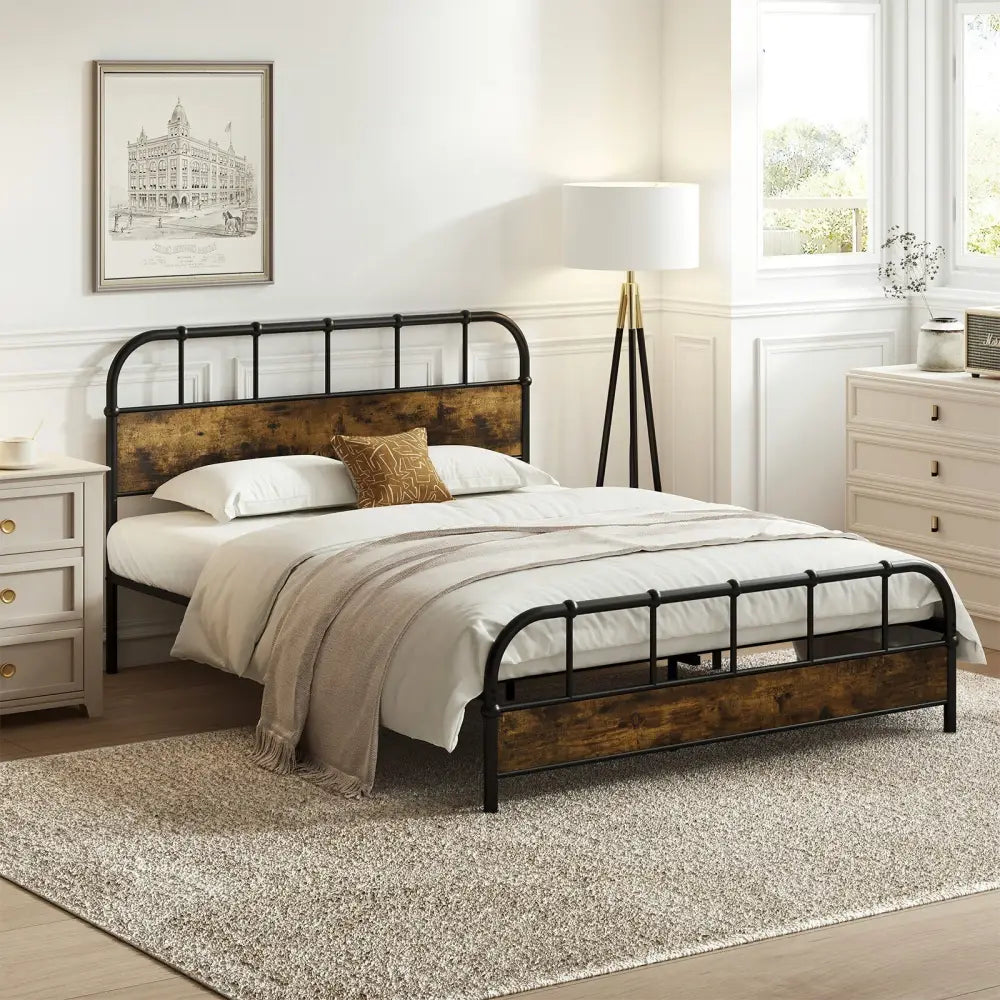 Queen Size Industrial Metal Platform Bed Frame Headboard Mattress Foundation-Queen Size - Black - Simple Bed Frame
