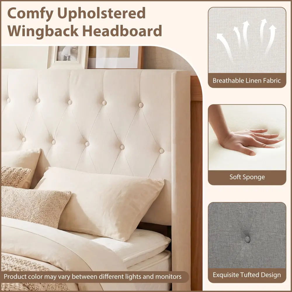 Queen Size Lift-up Storage Bed Modern Linen Upholstered Platform Bed-Beige - Beige - Simple Bed Frame