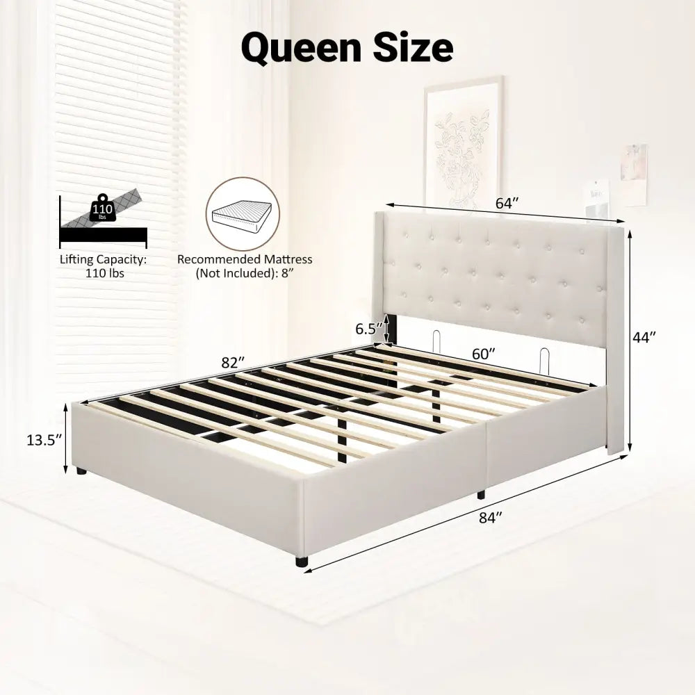 Queen Size Lift-up Storage Bed Modern Linen Upholstered Platform Bed-Beige - Beige - Simple Bed Frame