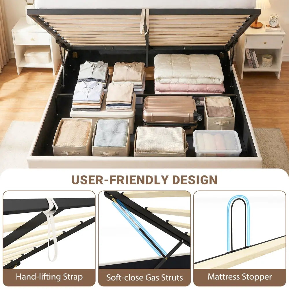Queen Size Lift-up Storage Bed Modern Linen Upholstered Platform Bed-Beige - Beige - Simple Bed Frame