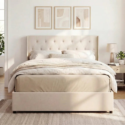 Queen Size Lift-up Storage Bed Modern Linen Upholstered Platform Bed-Beige - Beige - Simple Bed Frame