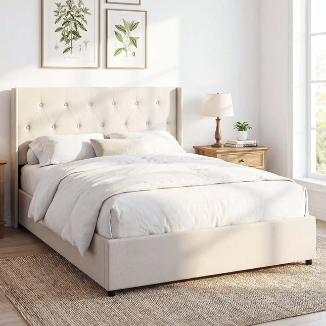 Queen Size Lift-up Storage Bed Modern Linen Upholstered Platform Bed-Beige - Beige - Simple Bed Frame