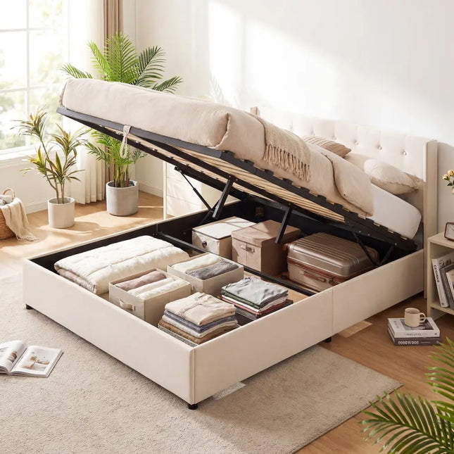 Queen Size Lift-up Storage Bed Modern Linen Upholstered Platform Bed-Beige - Beige - Simple Bed Frame