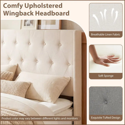 Queen Size Lift-up Storage Bed Modern Linen Upholstered Platform Bed-Beige - Beige - Simple Bed Frame