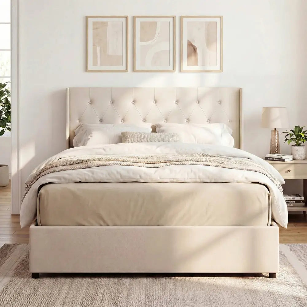 Queen Size Lift-up Storage Bed Modern Linen Upholstered Platform Bed-Beige - Beige - Simple Bed Frame