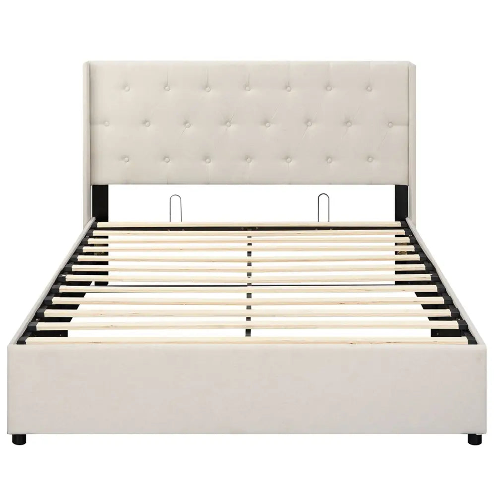 Queen Size Lift-up Storage Bed Modern Linen Upholstered Platform Bed-Beige - Beige - Simple Bed Frame