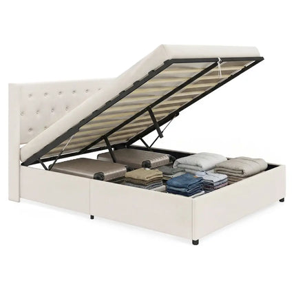 Queen Size Lift-up Storage Bed Modern Linen Upholstered Platform Bed-Beige - Beige - Simple Bed Frame