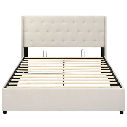 Queen Size Lift-up Storage Bed Modern Linen Upholstered Platform Bed-Beige - Beige - Simple Bed Frame