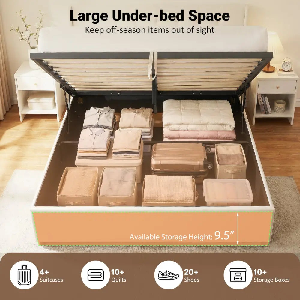 Queen Size Lift-up Storage Bed Modern Linen Upholstered Platform Bed-Beige - Beige - Simple Bed Frame