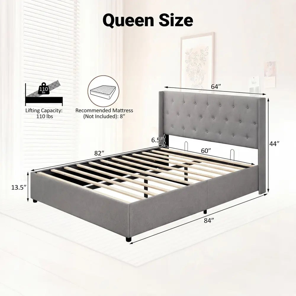 Queen Size Lift-up Storage Bed Modern Linen Upholstered Platform Bed-Gray - Gray - Simple Bed Frame