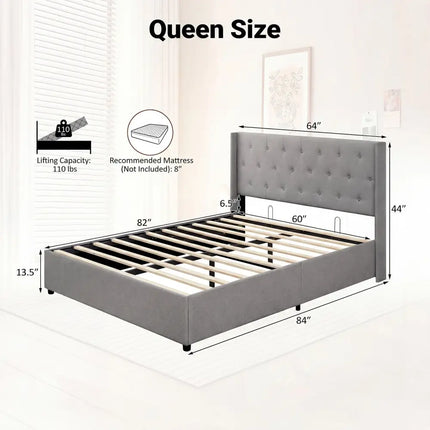 Queen Size Lift-up Storage Bed Modern Linen Upholstered Platform Bed-Gray - Gray - Simple Bed Frame
