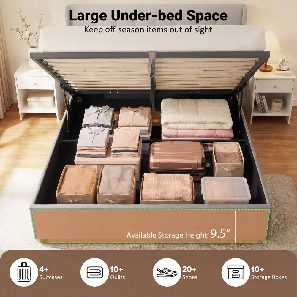 Queen Size Lift-up Storage Bed Modern Linen Upholstered Platform Bed-Gray - Gray - Simple Bed Frame