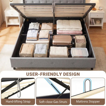 Queen Size Lift-up Storage Bed Modern Linen Upholstered Platform Bed-Gray - Gray - Simple Bed Frame