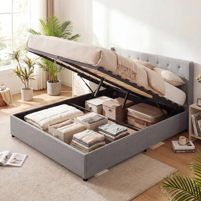 Queen Size Lift-up Storage Bed Modern Linen Upholstered Platform Bed-Gray - Gray - Simple Bed Frame