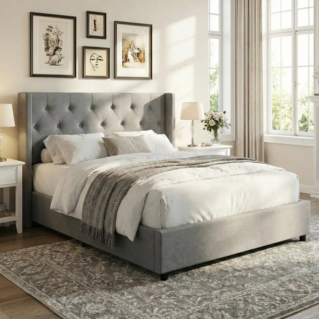 Queen Size Lift-up Storage Bed Modern Linen Upholstered Platform Bed-Gray - Gray - Simple Bed Frame