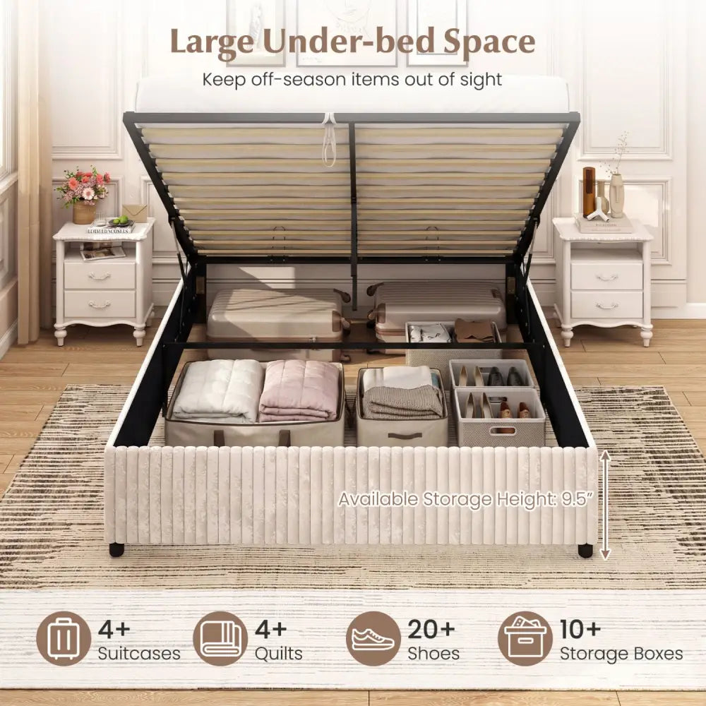 Queen Size Lift-up Storage Bed with Wooden Slat Support-Beige - Beige - Simple Bed Frame
