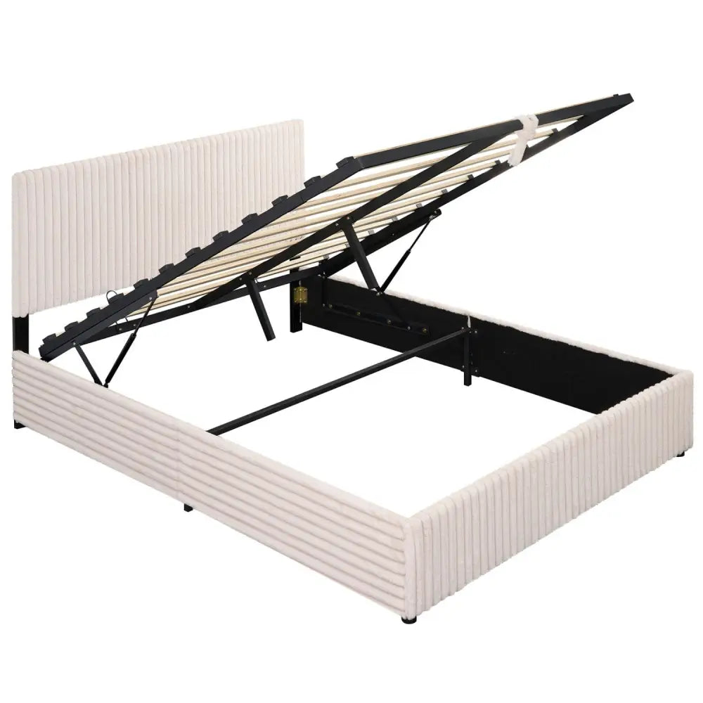 Queen Size Lift-up Storage Bed with Wooden Slat Support-Beige - Beige - Simple Bed Frame