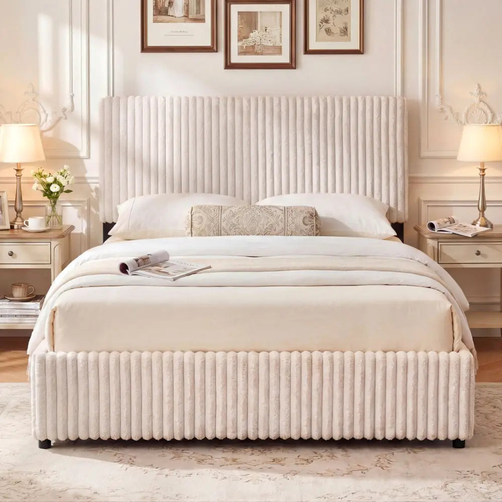 Queen Size Lift-up Storage Bed with Wooden Slat Support-Beige - Beige - Simple Bed Frame