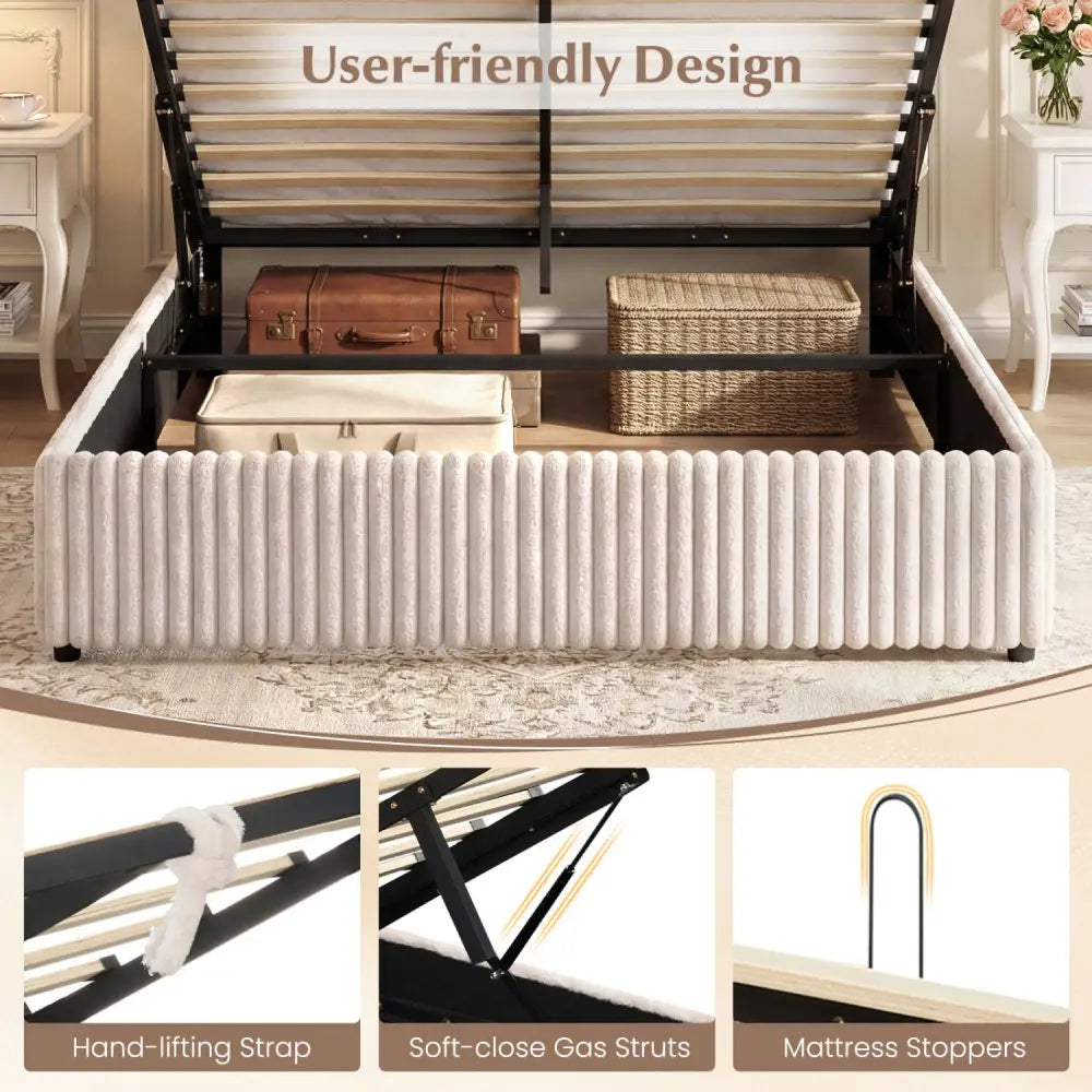 Queen Size Lift-up Storage Bed with Wooden Slat Support-Beige - Beige - Simple Bed Frame