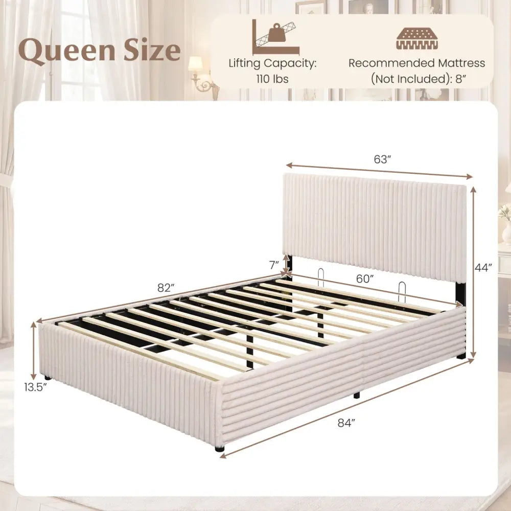 Queen Size Lift-up Storage Bed with Wooden Slat Support-Beige - Beige - Simple Bed Frame