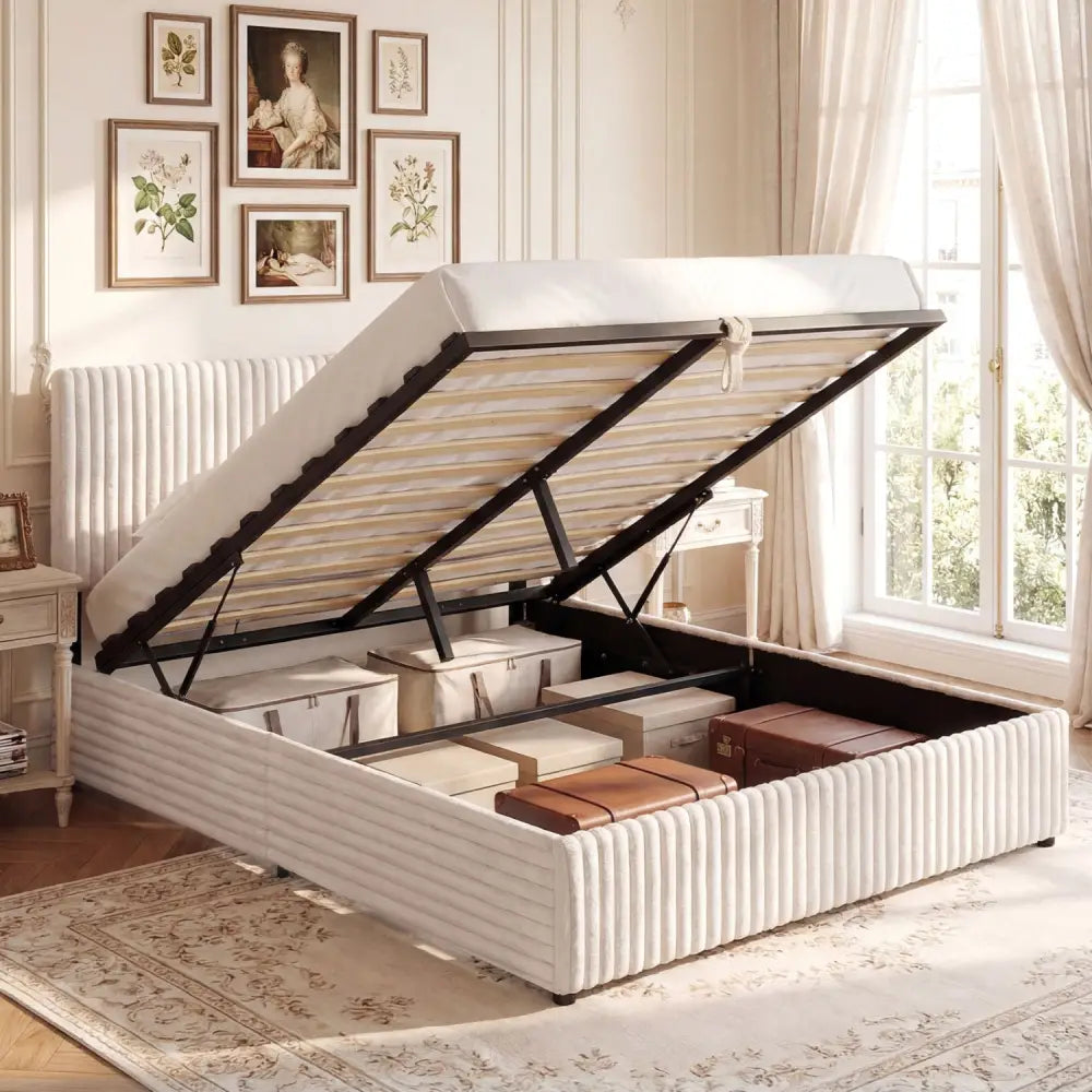 Queen Size Lift-up Storage Bed with Wooden Slat Support-Beige - Beige - Simple Bed Frame