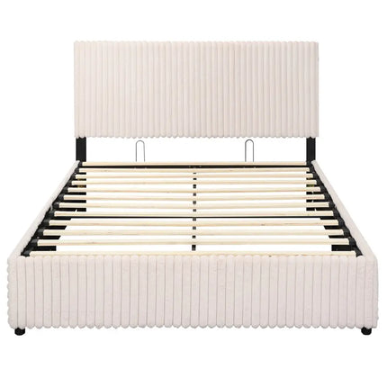 Queen Size Lift-up Storage Bed with Wooden Slat Support-Beige - Beige - Simple Bed Frame