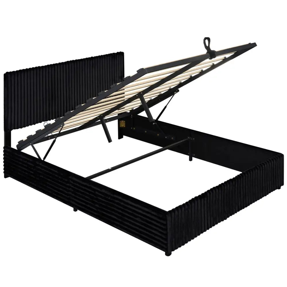 Queen Size Lift-up Storage Bed with Wooden Slat Support-Black - Black - Simple Bed Frame
