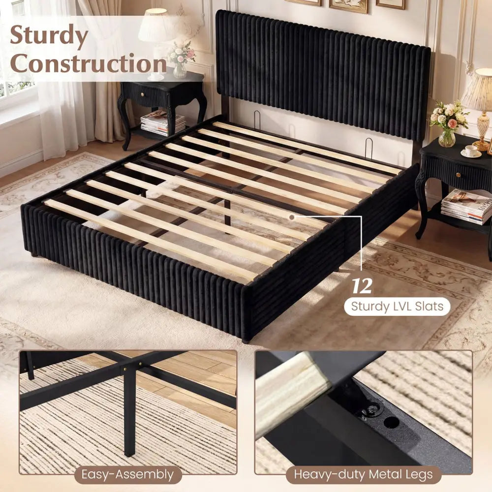 Queen Size Lift-up Storage Bed with Wooden Slat Support-Black - Black - Simple Bed Frame