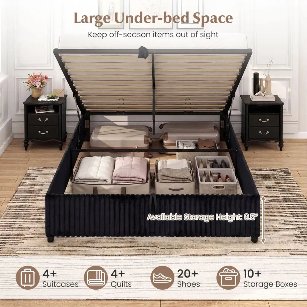 Queen Size Lift-up Storage Bed with Wooden Slat Support-Black - Black - Simple Bed Frame