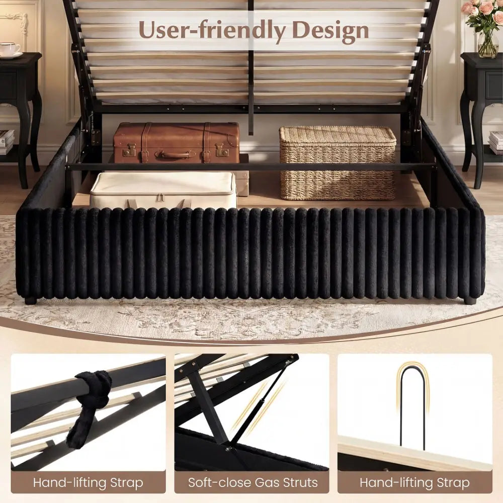 Queen Size Lift-up Storage Bed with Wooden Slat Support-Black - Black - Simple Bed Frame