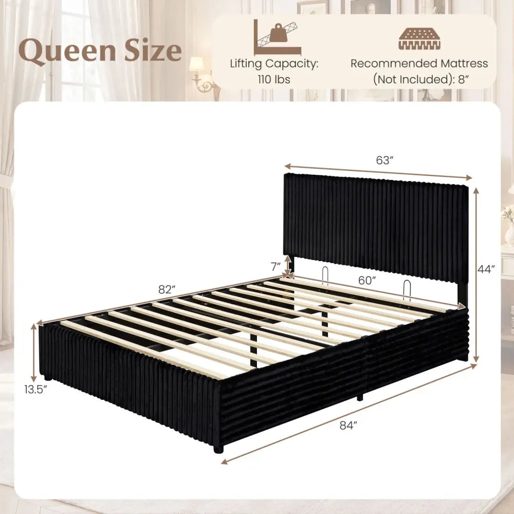 Queen Size Lift-up Storage Bed with Wooden Slat Support-Black - Black - Simple Bed Frame