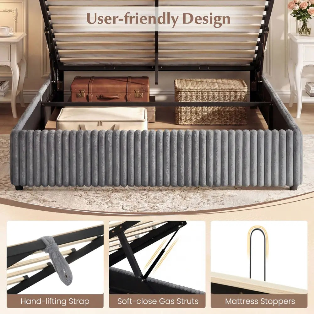 Queen Size Lift-up Storage Bed with Wooden Slat Support-Gray - Gray - Simple Bed Frame