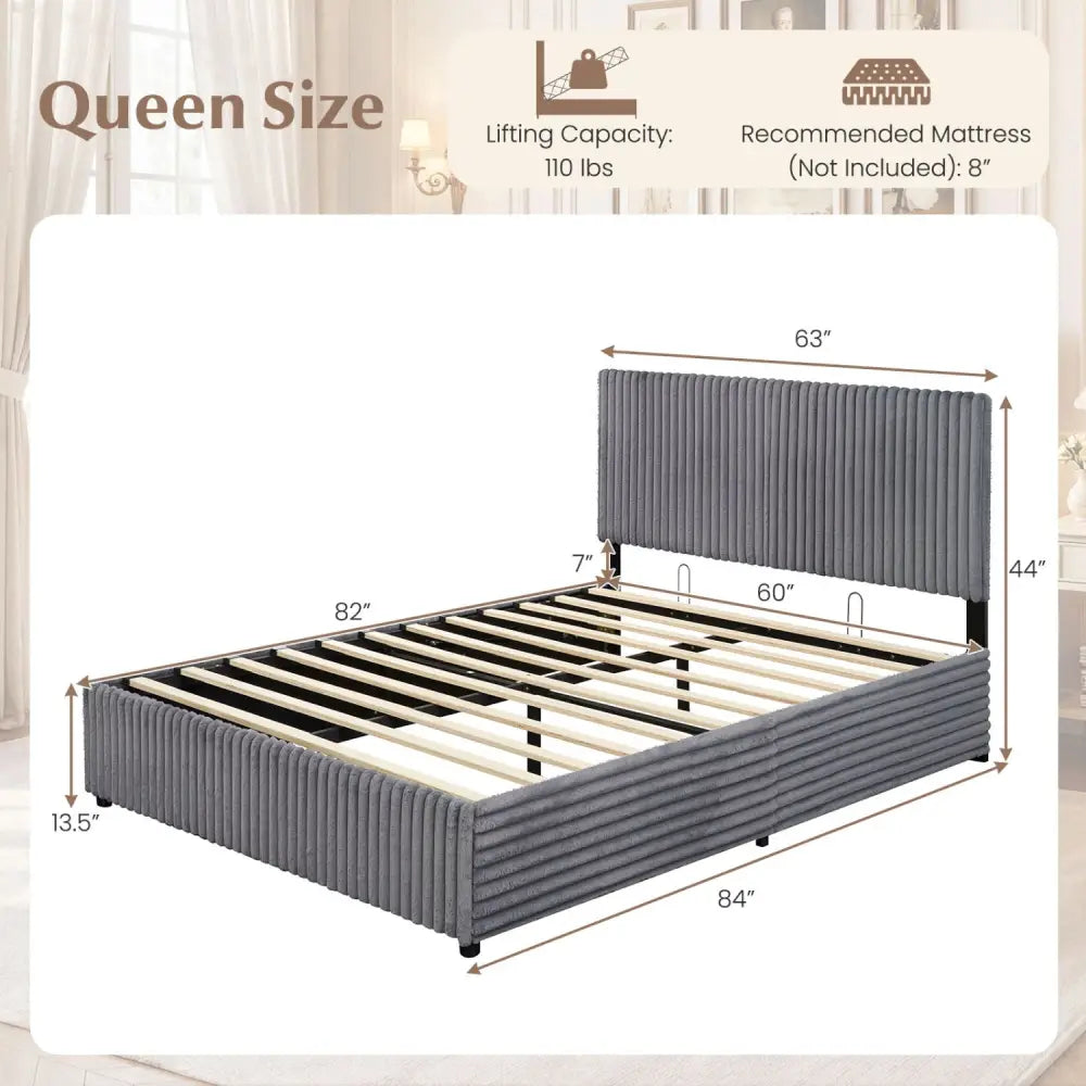 Queen Size Lift-up Storage Bed with Wooden Slat Support-Gray - Gray - Simple Bed Frame