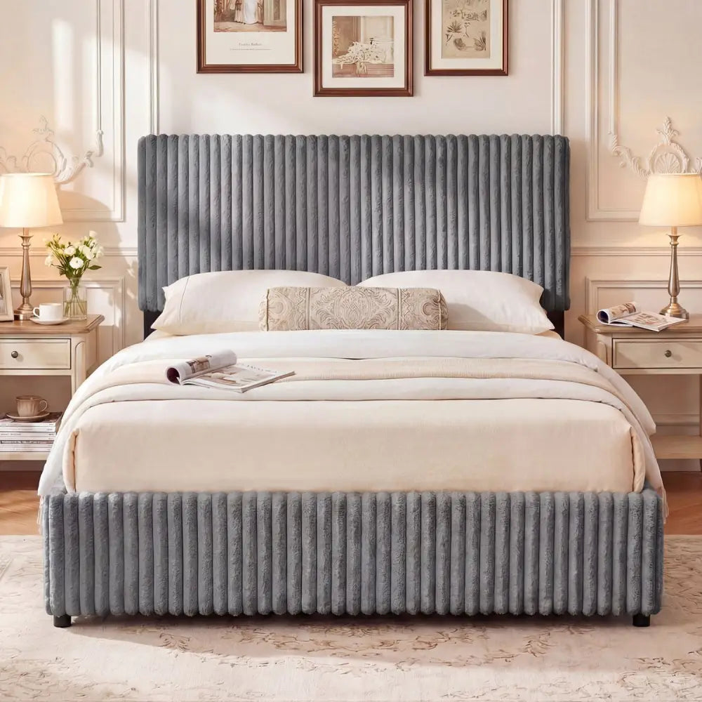 Queen Size Lift-up Storage Bed with Wooden Slat Support-Gray - Gray - Simple Bed Frame
