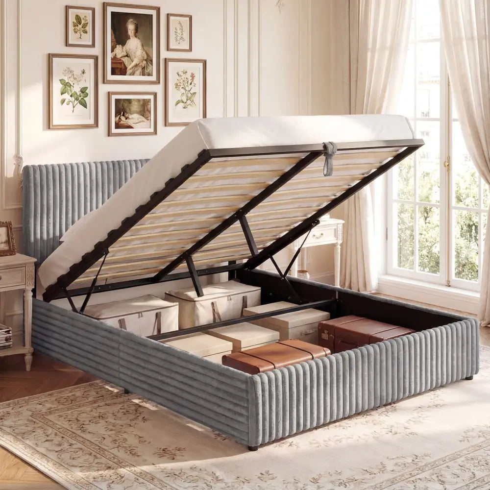 Queen Size Lift-up Storage Bed with Wooden Slat Support-Gray - Gray - Simple Bed Frame