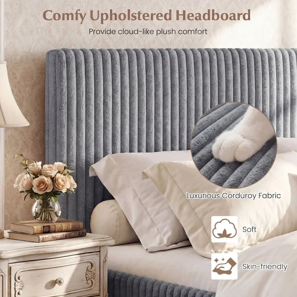 Queen Size Lift-up Storage Bed with Wooden Slat Support-Gray - Gray - Simple Bed Frame