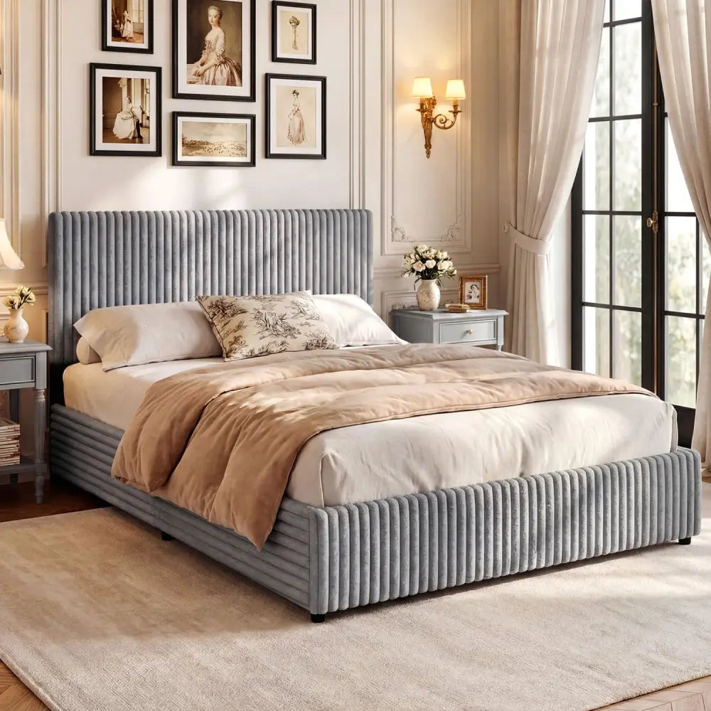 Queen Size Lift-up Storage Bed with Wooden Slat Support-Gray - Gray - Simple Bed Frame