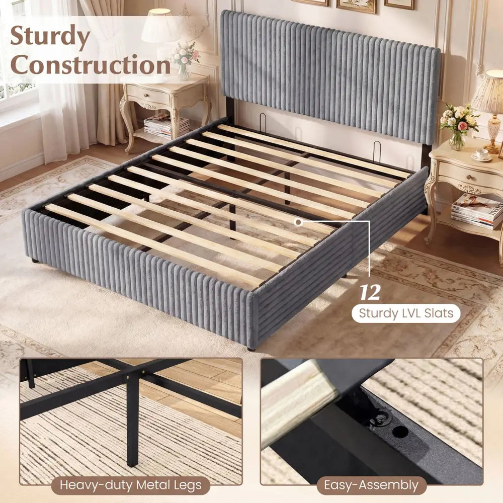 Queen Size Lift-up Storage Bed with Wooden Slat Support-Gray - Gray - Simple Bed Frame