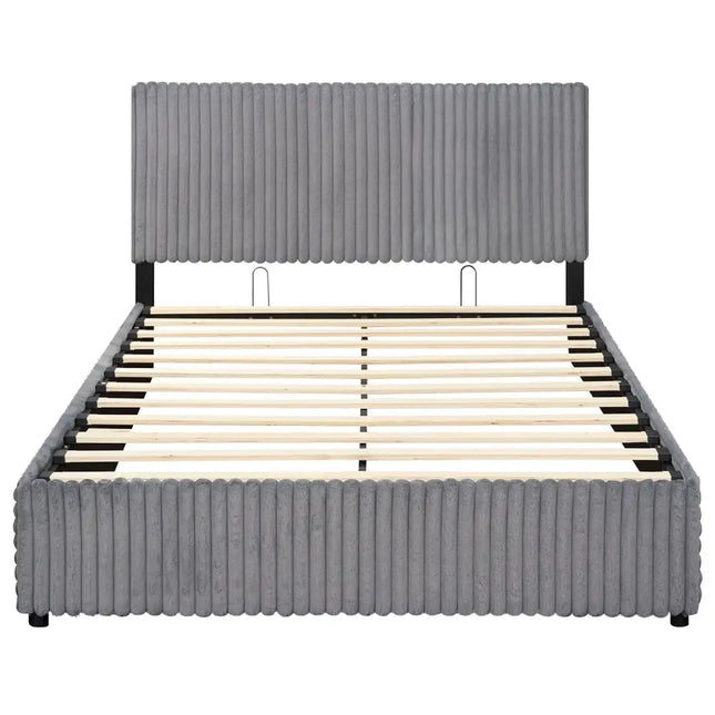 Queen Size Lift-up Storage Bed with Wooden Slat Support-Gray - Gray - Simple Bed Frame
