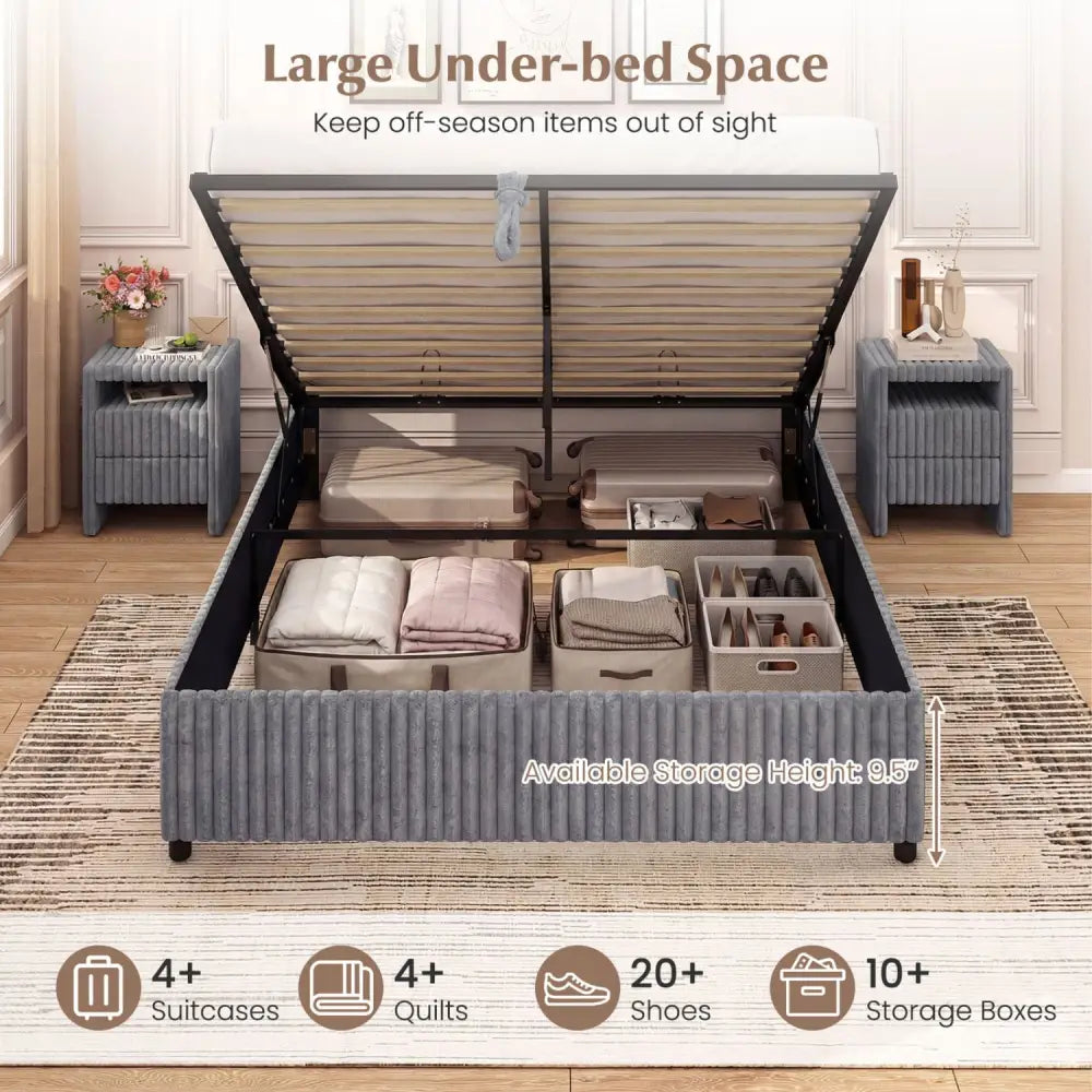 Queen Size Lift-up Storage Bed with Wooden Slat Support-Gray - Gray - Simple Bed Frame