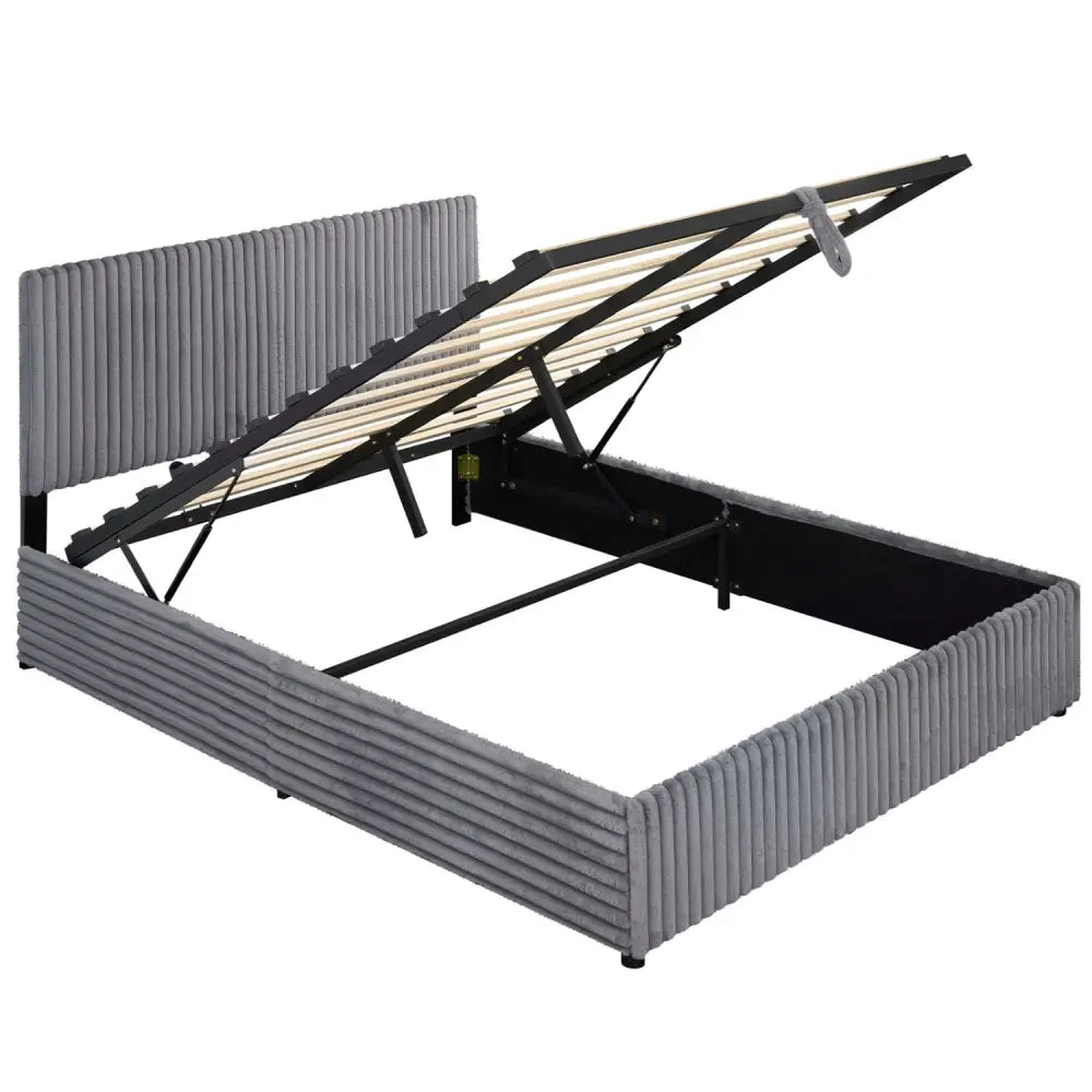 Queen Size Lift-up Storage Bed with Wooden Slat Support-Gray - Gray - Simple Bed Frame